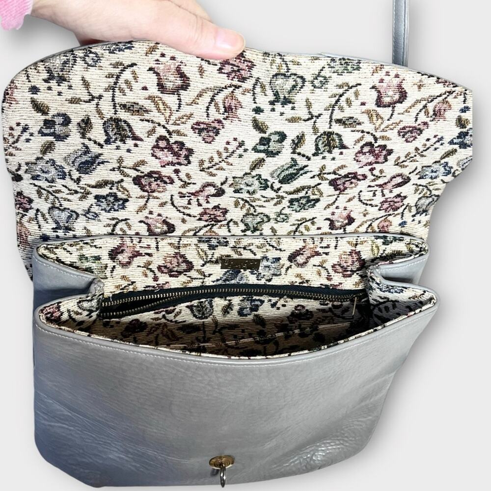 SUSAN GAIL Vintage Gray Pebbled Leather Shoulder Bag Gold Hardware Tapestry - Picture 5 of 8